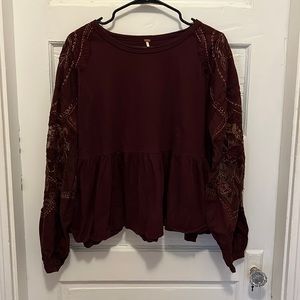 Free People Penny Tee Lurex Embroidered Sleeves